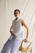 Timeless Collection | Sleeveless White Shirt with Padded Shoulders | Versatile Summer Staple for Effortless Style
