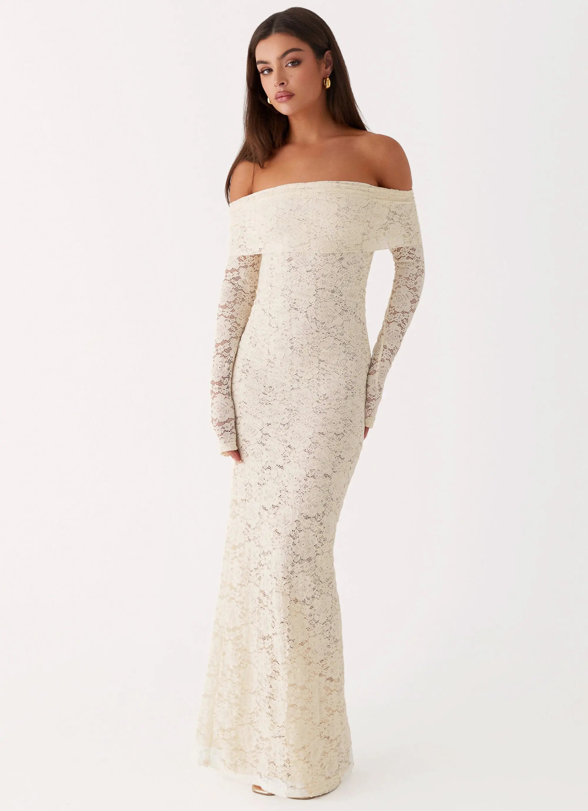 Timeless Elegance | Long Sleeve Maxi Dress with Off-the-Shoulder Neckline | Romantic Lace Design for Special Occasions - Women's 0