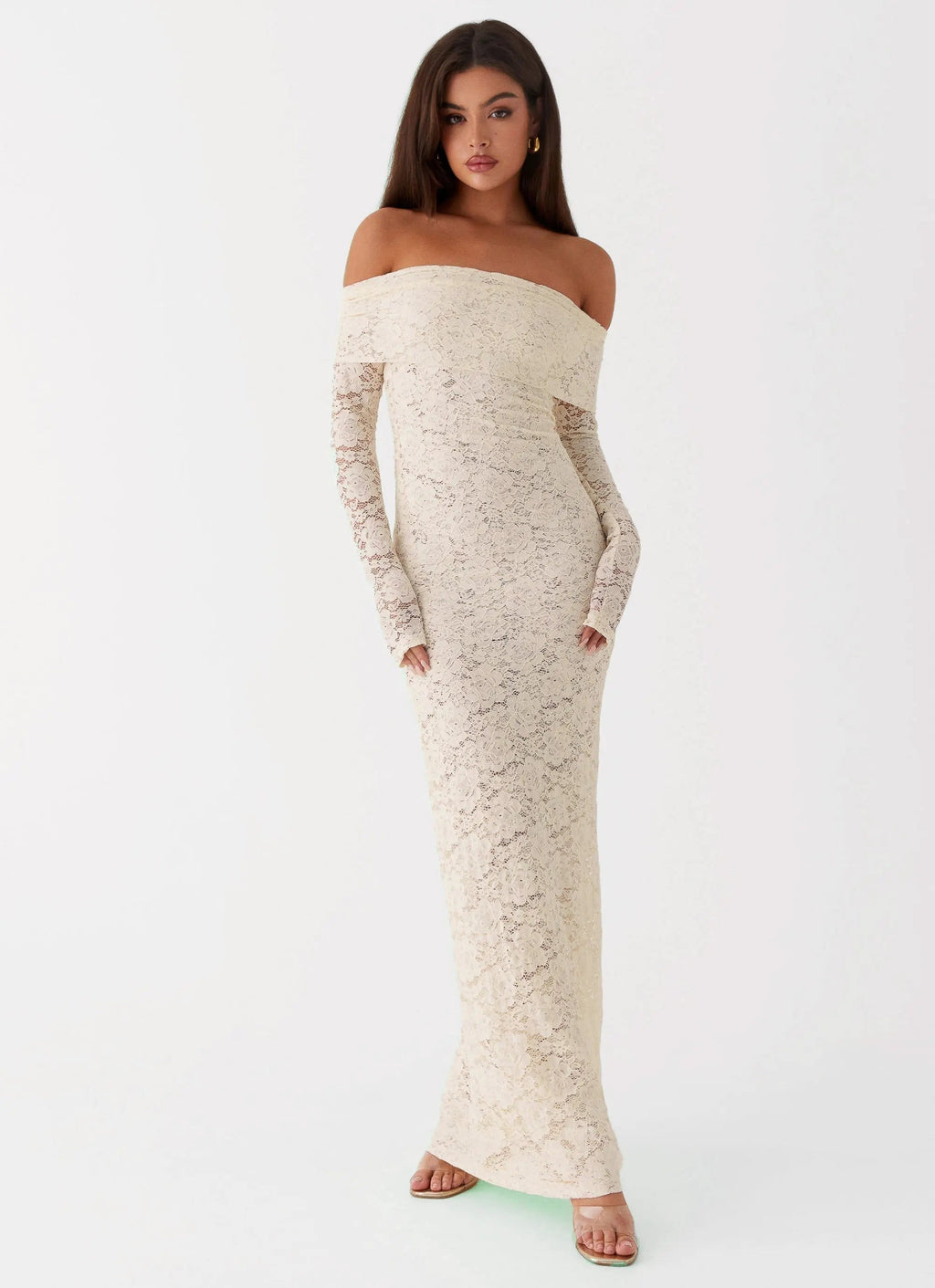 Timeless Elegance | Long Sleeve Maxi Dress with Off-the-Shoulder Neckline | Romantic Lace Design for Special Occasions - Women's 3