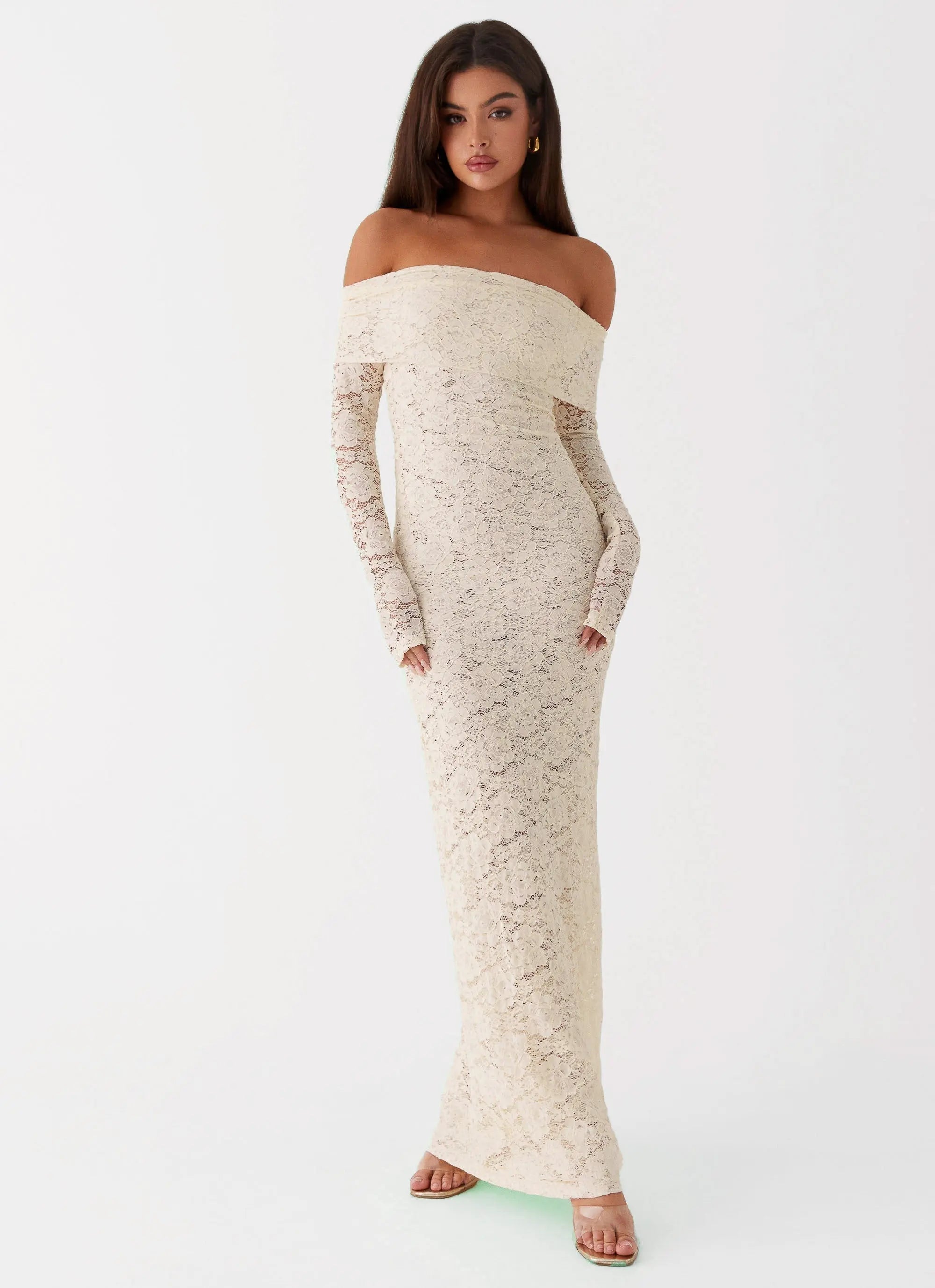 Timeless Elegance | Long Sleeve Maxi Dress with Off-the-Shoulder Neckline | Romantic Lace Design for Special Occasions - Women's 3