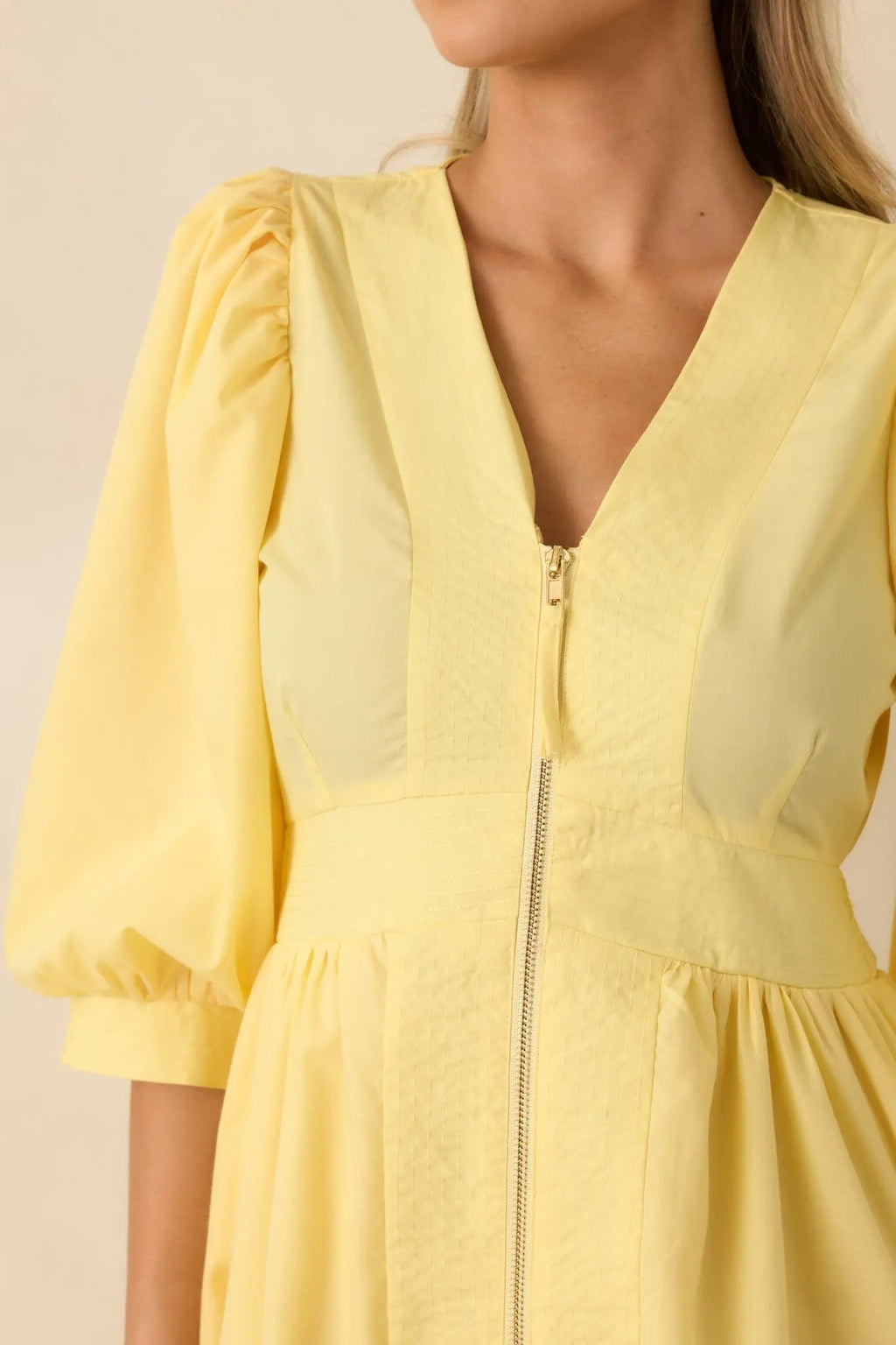 Women's To Be Fair Daffodil Yellow Blouson Sleeve Zip Up Midi Dress | 80% Polyester & 20% Cotton 1