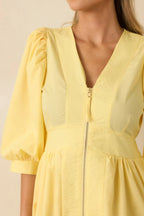 Women's To Be Fair Daffodil Yellow Blouson Sleeve Zip Up Midi Dress | 80% Polyester & 20% Cotton 1