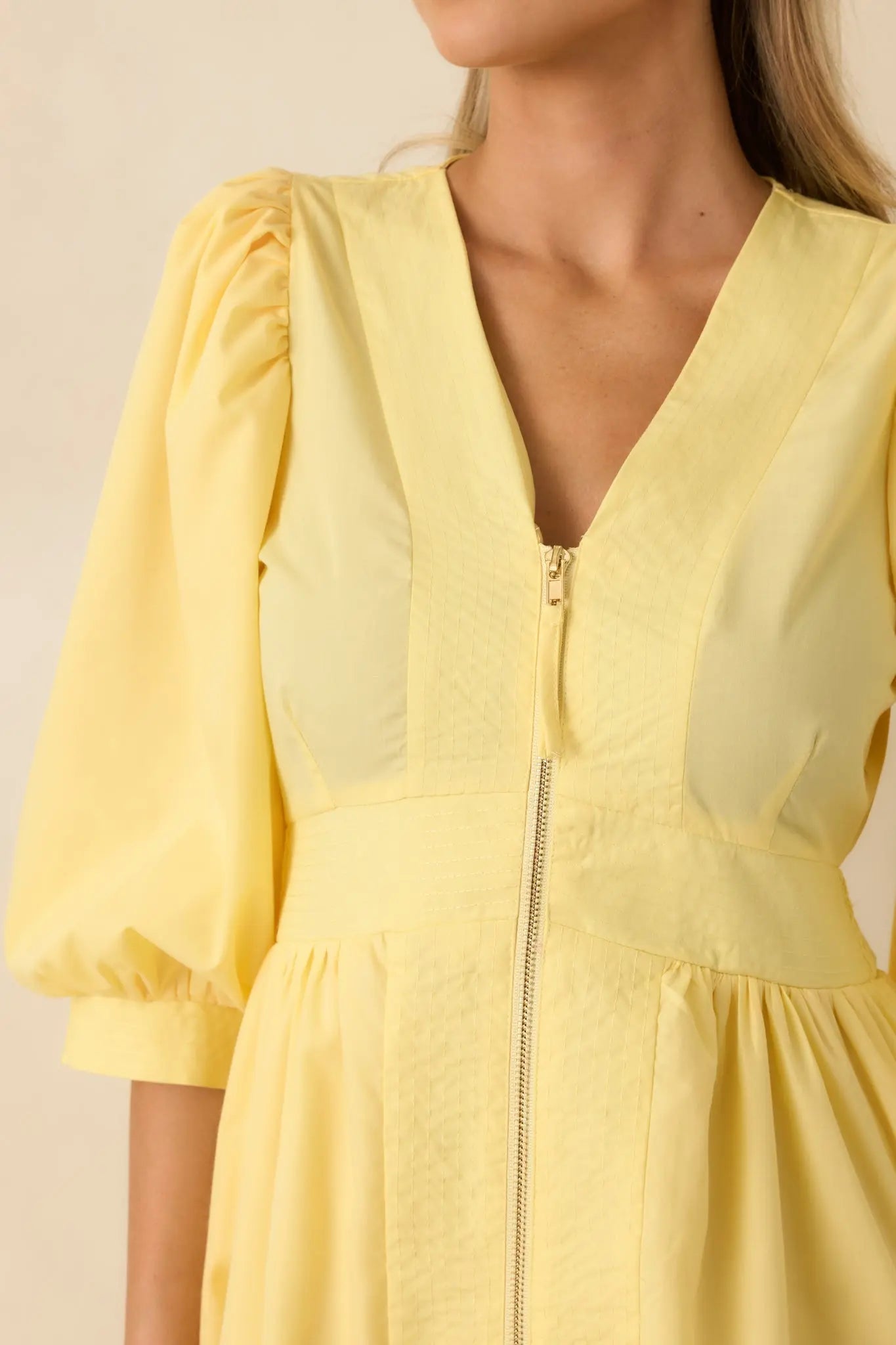 Women's To Be Fair Daffodil Yellow Blouson Sleeve Zip Up Midi Dress | 80% Polyester & 20% Cotton 1