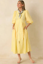 Women's To Be Fair Daffodil Yellow Blouson Sleeve Zip Up Midi Dress | 80% Polyester & 20% Cotton 2