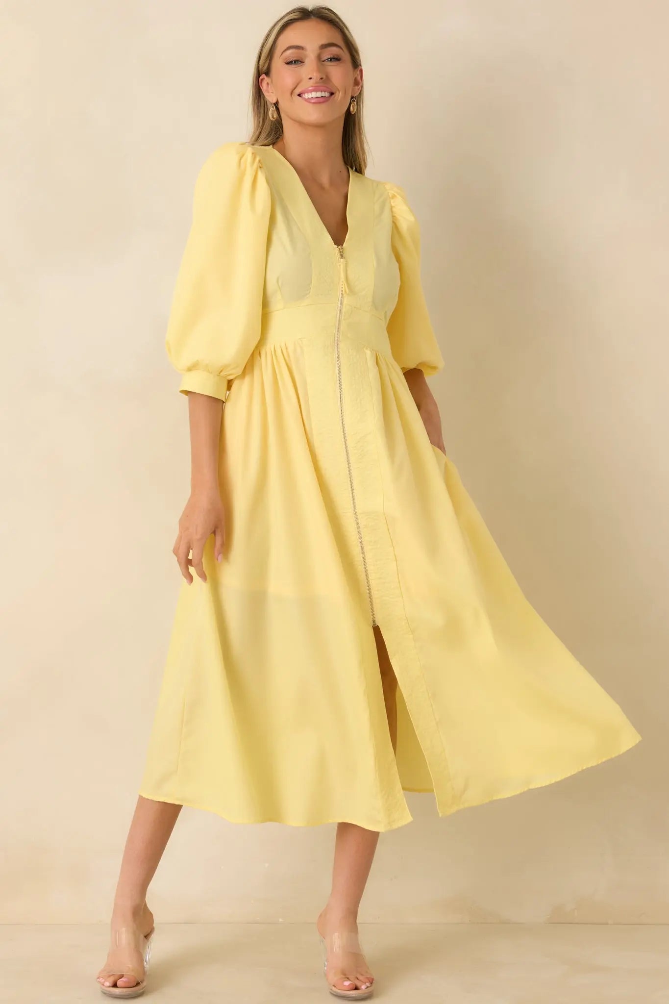 Women's To Be Fair Daffodil Yellow Blouson Sleeve Zip Up Midi Dress | 80% Polyester & 20% Cotton 6