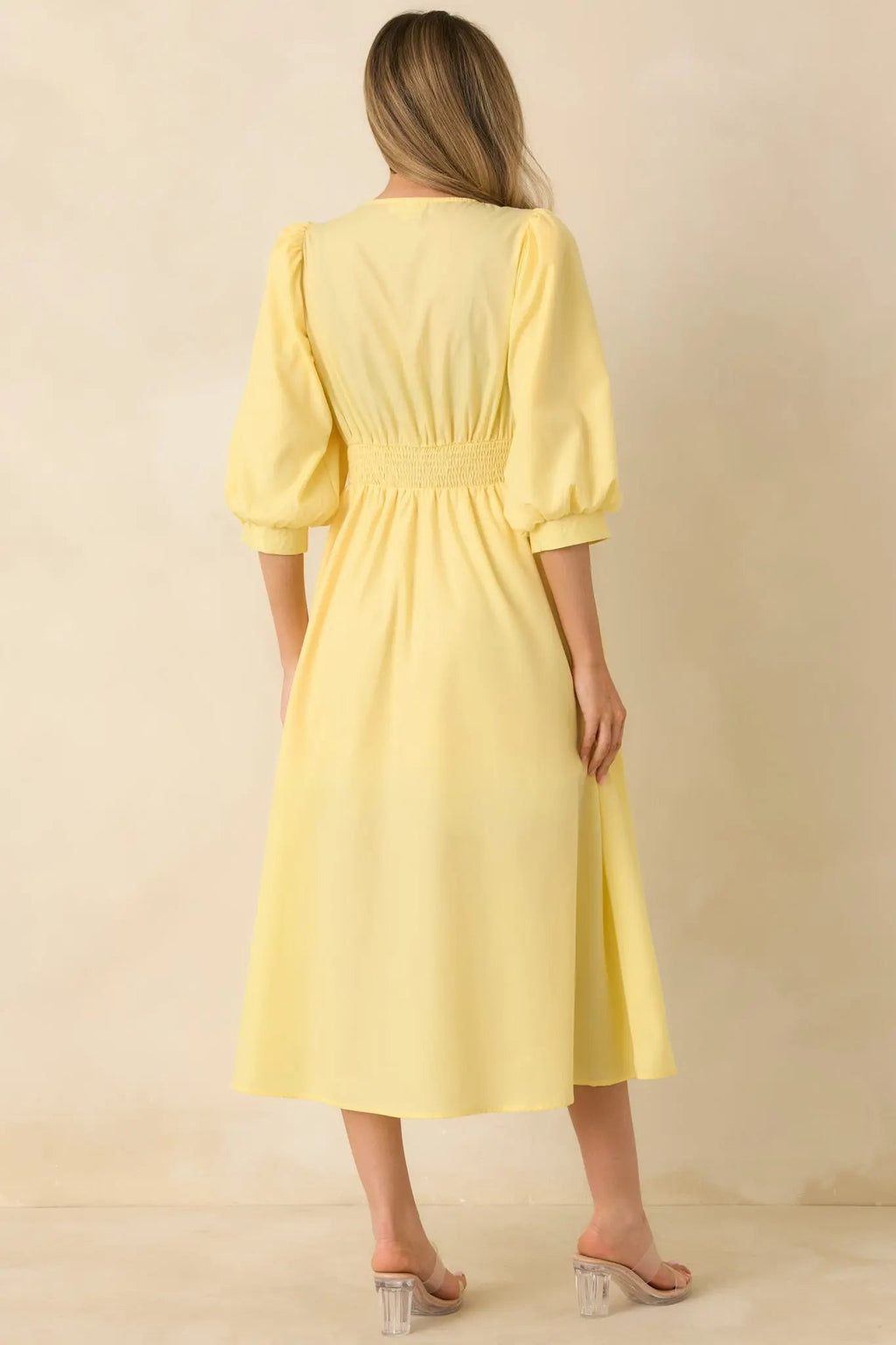 Women's To Be Fair Daffodil Yellow Blouson Sleeve Zip Up Midi Dress | 80% Polyester & 20% Cotton 7
