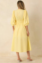 Women's To Be Fair Daffodil Yellow Blouson Sleeve Zip Up Midi Dress | 80% Polyester & 20% Cotton 7