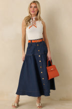 Women's Town & Country Dark Wash Denim Button-Down Maxi Skirt | 78% Cotton 1