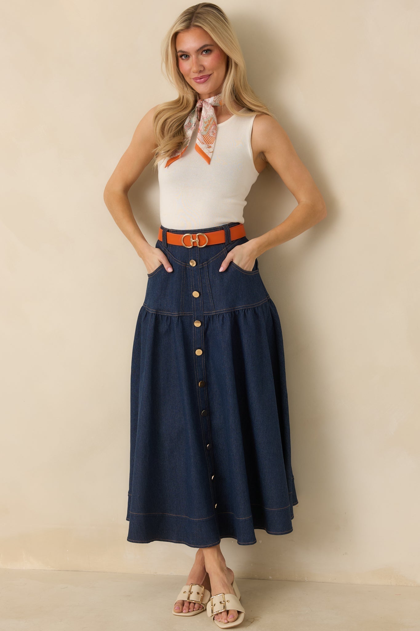 Women's Town & Country Dark Wash Denim Button-Down Maxi Skirt | 78% Cotton 3