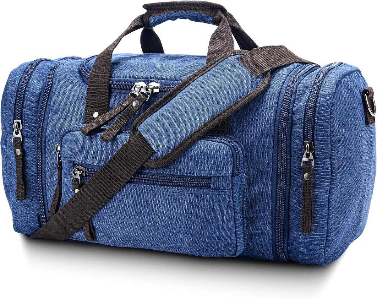Expandable duffle bag shown at full 50L capacity