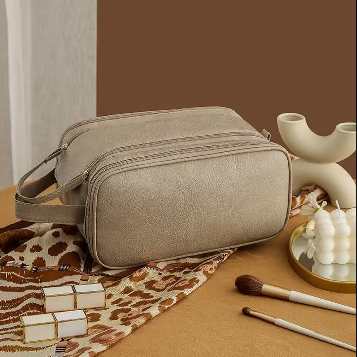 Travira | Travel Makeup Bag with Water-Repellent Nylon & Adjustable Dividers | Spacious Cosmetic Organizer for Beauty Essentials