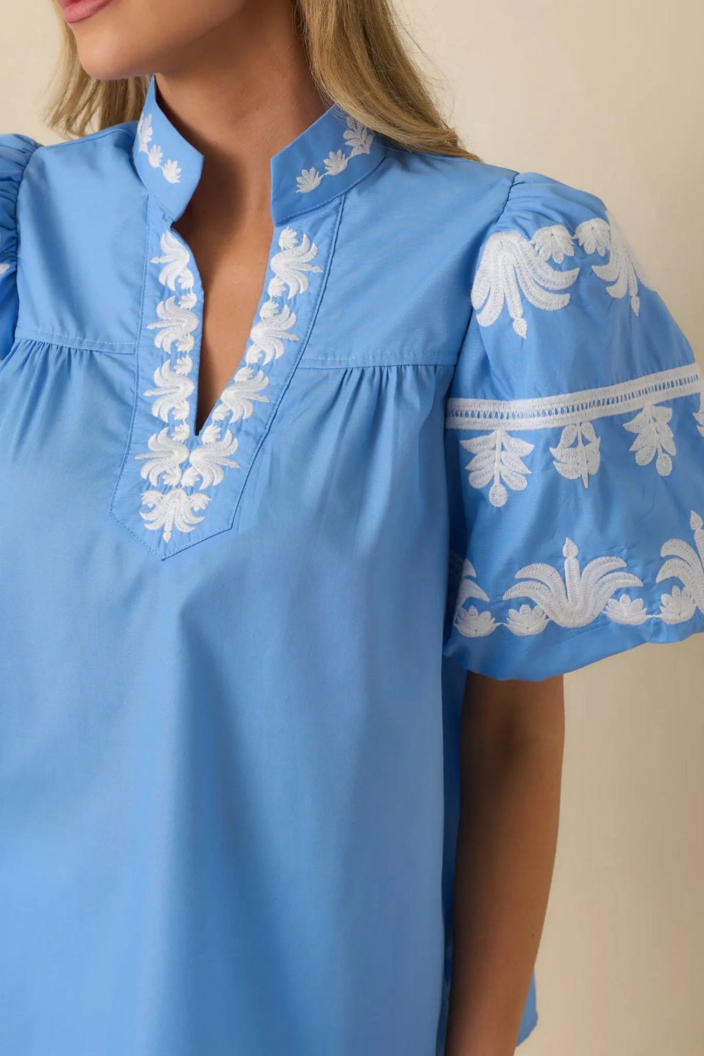 Women's True to You Blue Embroidered Detail Puff Sleeve V-Neck Top | 65% Polyester & 35% Cotton 2