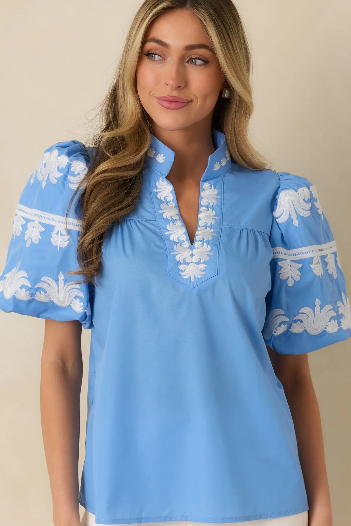 Women's True to You Blue Embroidered Detail Puff Sleeve V-Neck Top | 65% Polyester & 35% Cotton 3