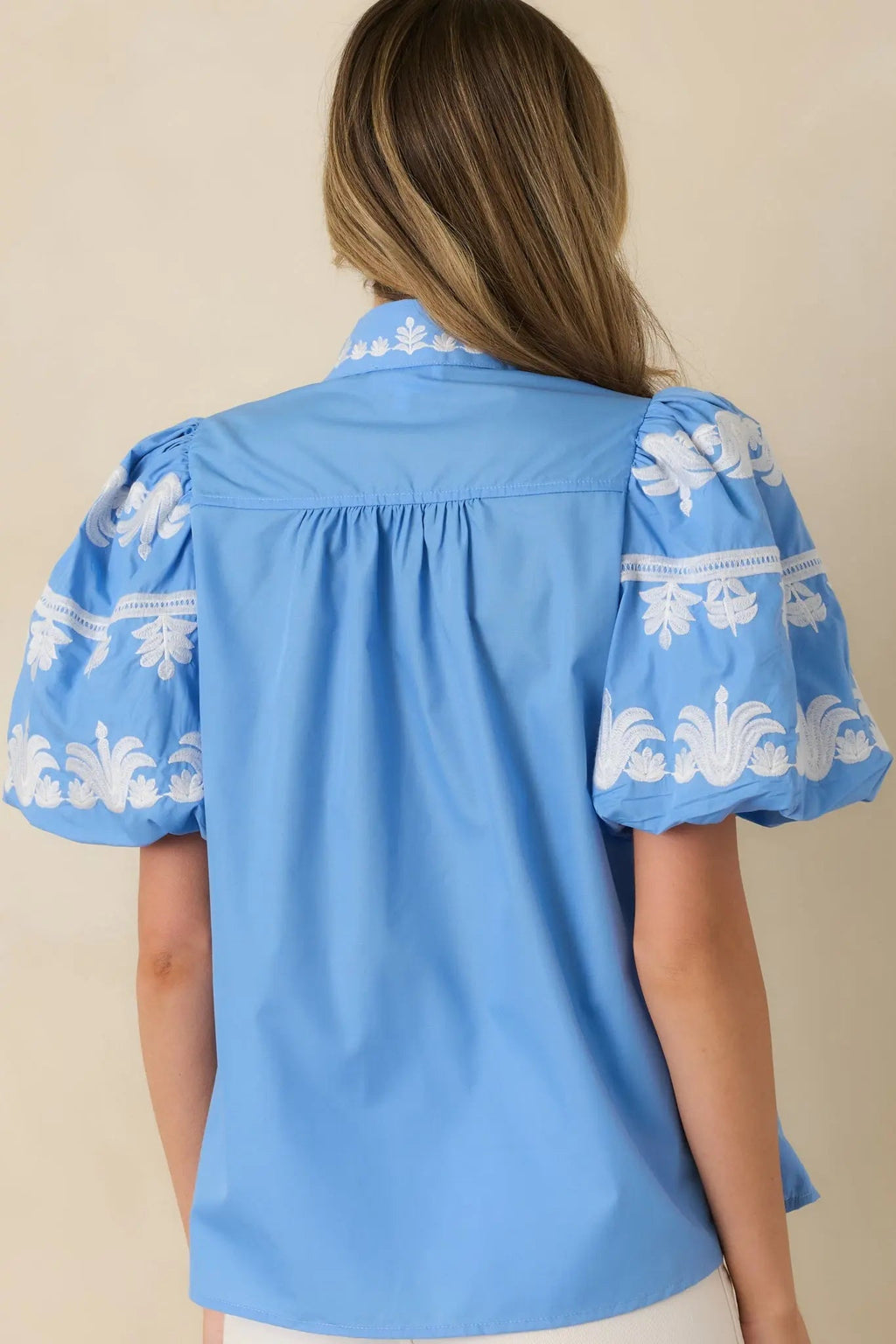 Women's True to You Blue Embroidered Detail Puff Sleeve V-Neck Top | 65% Polyester & 35% Cotton 7