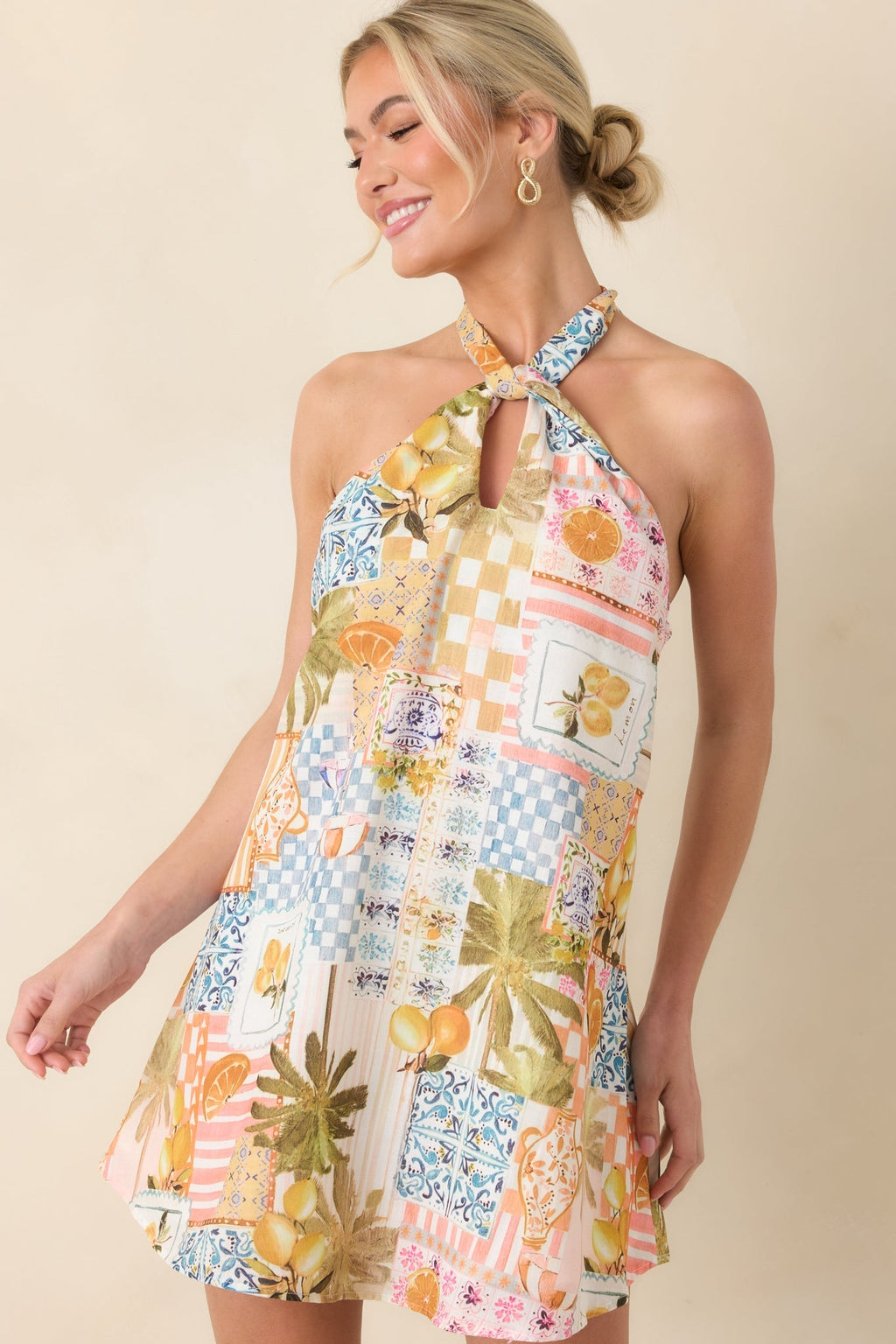 Women's Twist & Spritz Citrus Patchwork Halter Mini Dress | 65% Cotton & 35% Polyester 0
