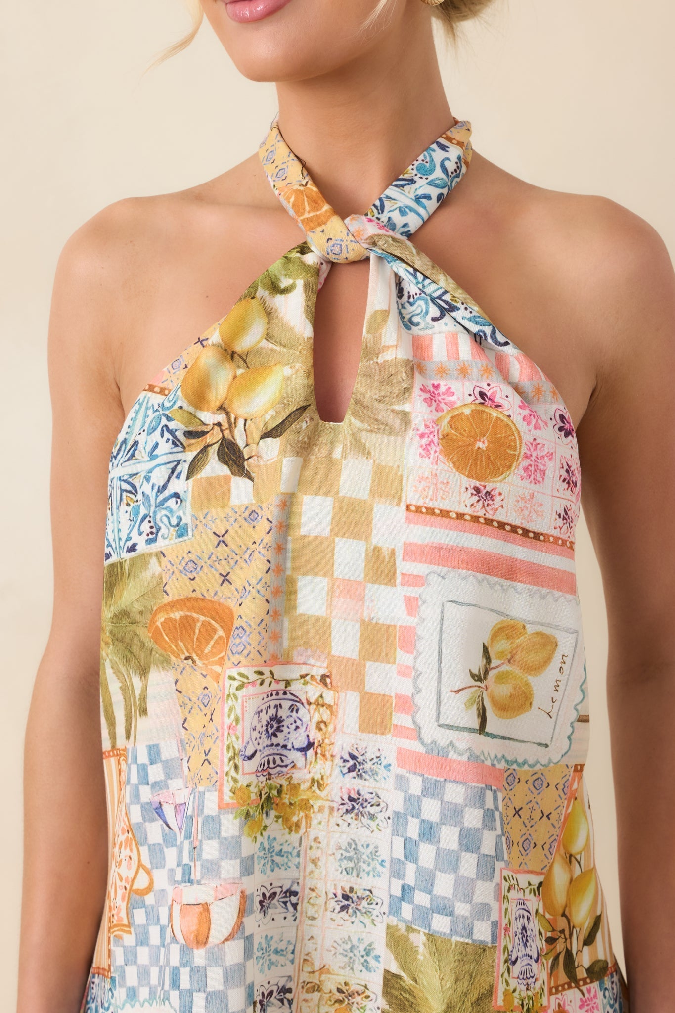 Women's Twist & Spritz Citrus Patchwork Halter Mini Dress | 65% Cotton & 35% Polyester 2