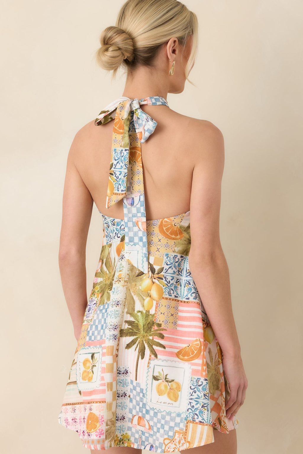 Women's Twist & Spritz Citrus Patchwork Halter Mini Dress | 65% Cotton & 35% Polyester 7