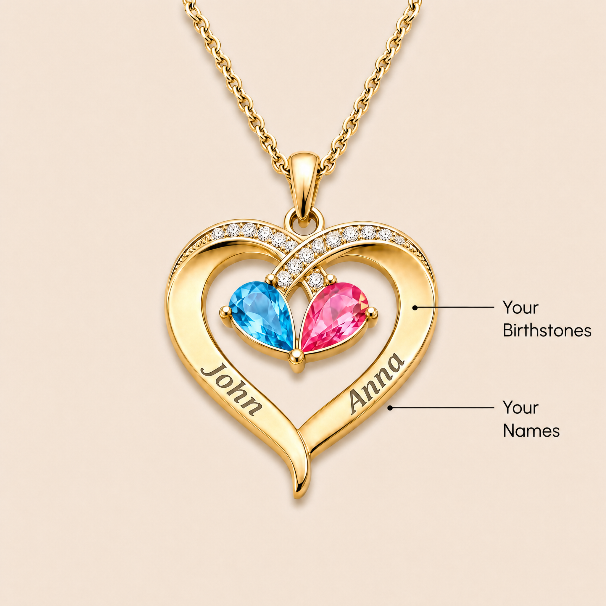 Birthstone heart pendant necklace detail