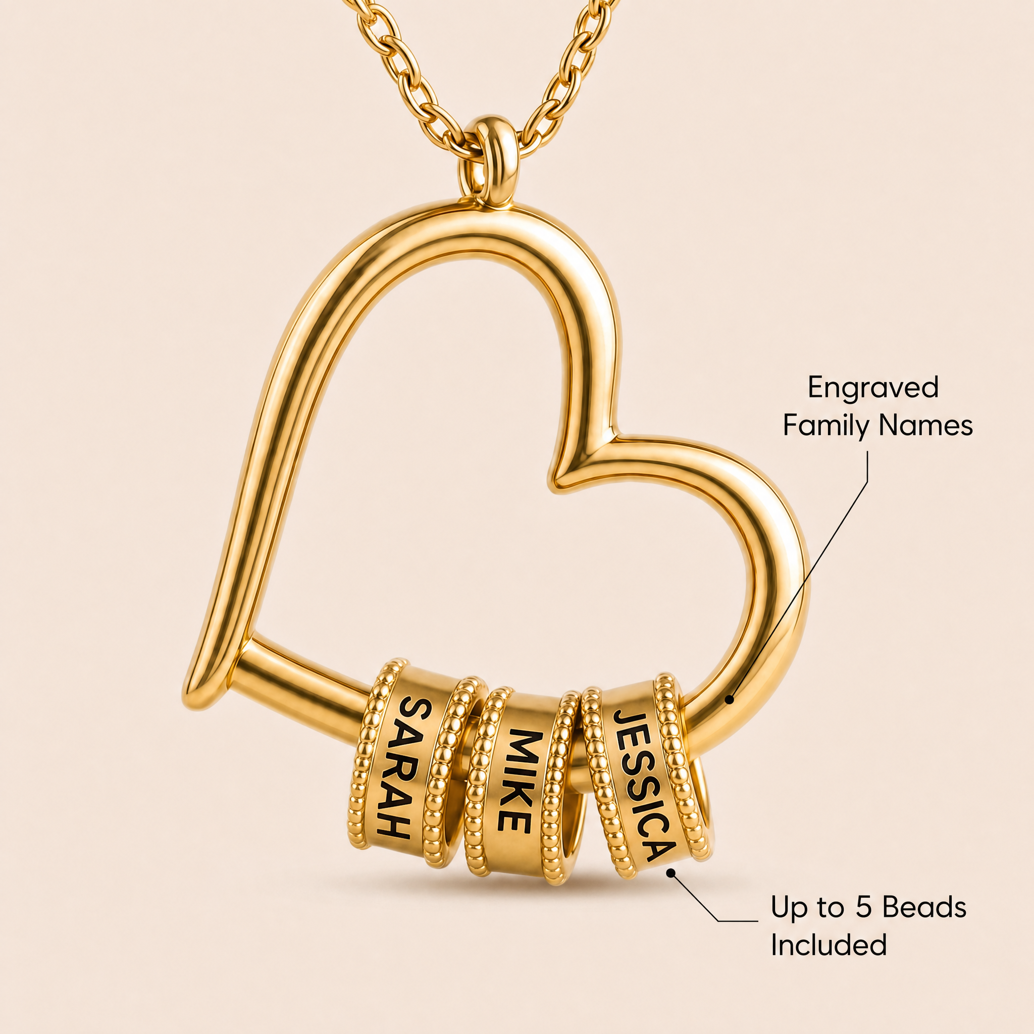 Close-up of engraved name beads on necklace