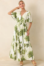 Women's Under Swaying Palms Ivory & Green Tropical Flutter Maxi Dress | 75% Rayon & 25% Linen 2