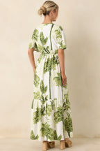 Women's Under Swaying Palms Ivory & Green Tropical Flutter Maxi Dress | 75% Rayon & 25% Linen 4