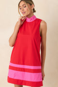 Women's Up to Something Red & Pink Contrast Tie-Back Sleeveless Mini Dress | 65% Polyester & 35% Cotton 0