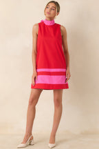 Women's Up to Something Red & Pink Contrast Tie-Back Sleeveless Mini Dress | 65% Polyester & 35% Cotton 1
