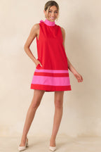 Women's Up to Something Red & Pink Contrast Tie-Back Sleeveless Mini Dress | 65% Polyester & 35% Cotton 2