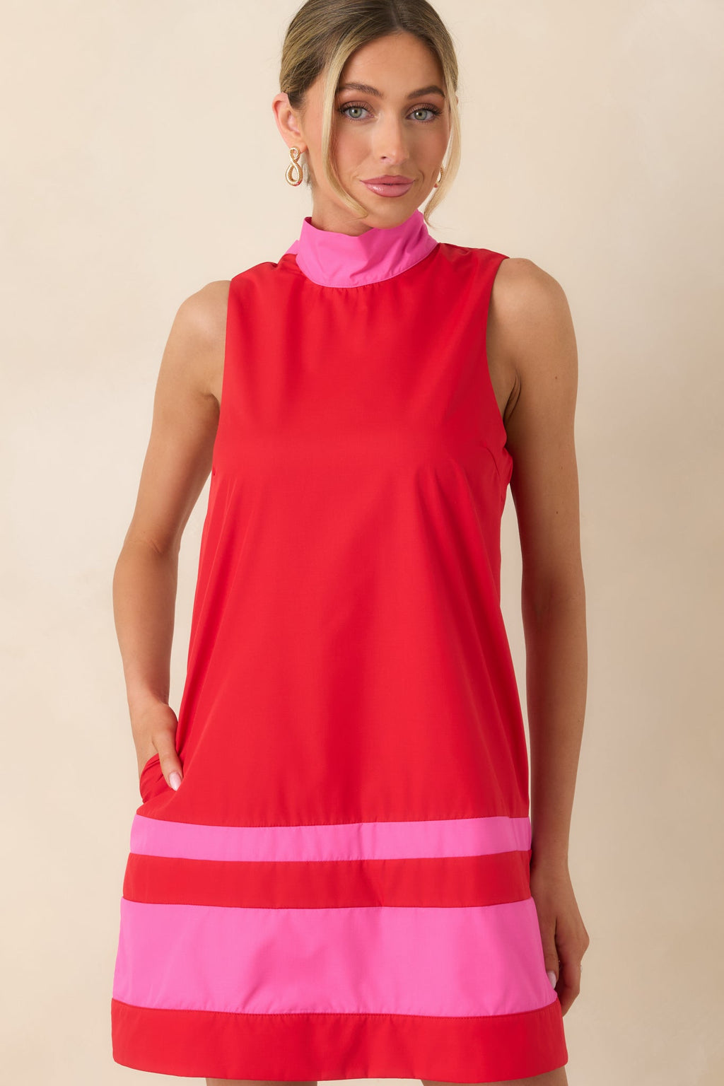 Women's Up to Something Red & Pink Contrast Tie-Back Sleeveless Mini Dress | 65% Polyester & 35% Cotton 3
