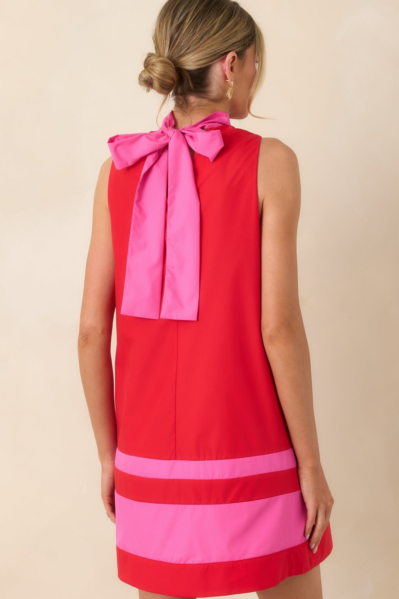 Women's Up to Something Red & Pink Contrast Tie-Back Sleeveless Mini Dress | 65% Polyester & 35% Cotton 7