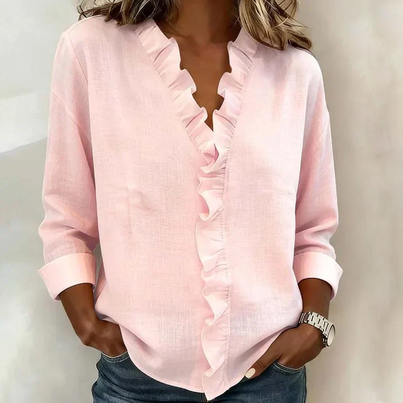 Pink ruffle-trim casual blouse