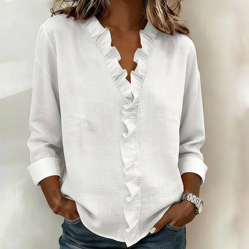 White ruffle-trim casual blouse