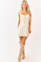 Vanilla Denim | A-Line Mini Dress with Faux Button Front | Stylish Sleeveless Design for Modern Look
