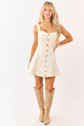 Vanilla Denim | A-Line Mini Dress with Faux Button Front | Stylish Sleeveless Design for Modern Look