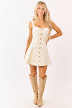 Vanilla Denim | A-Line Mini Dress with Faux Button Front | Stylish Sleeveless Design for Modern Look