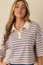 Women's Varsity Charm Blue Multi Stripe Boxy Cotton Polo Top | 95% Cotton & 5% Spandex Contrast: 85% Cotton & 15% 1