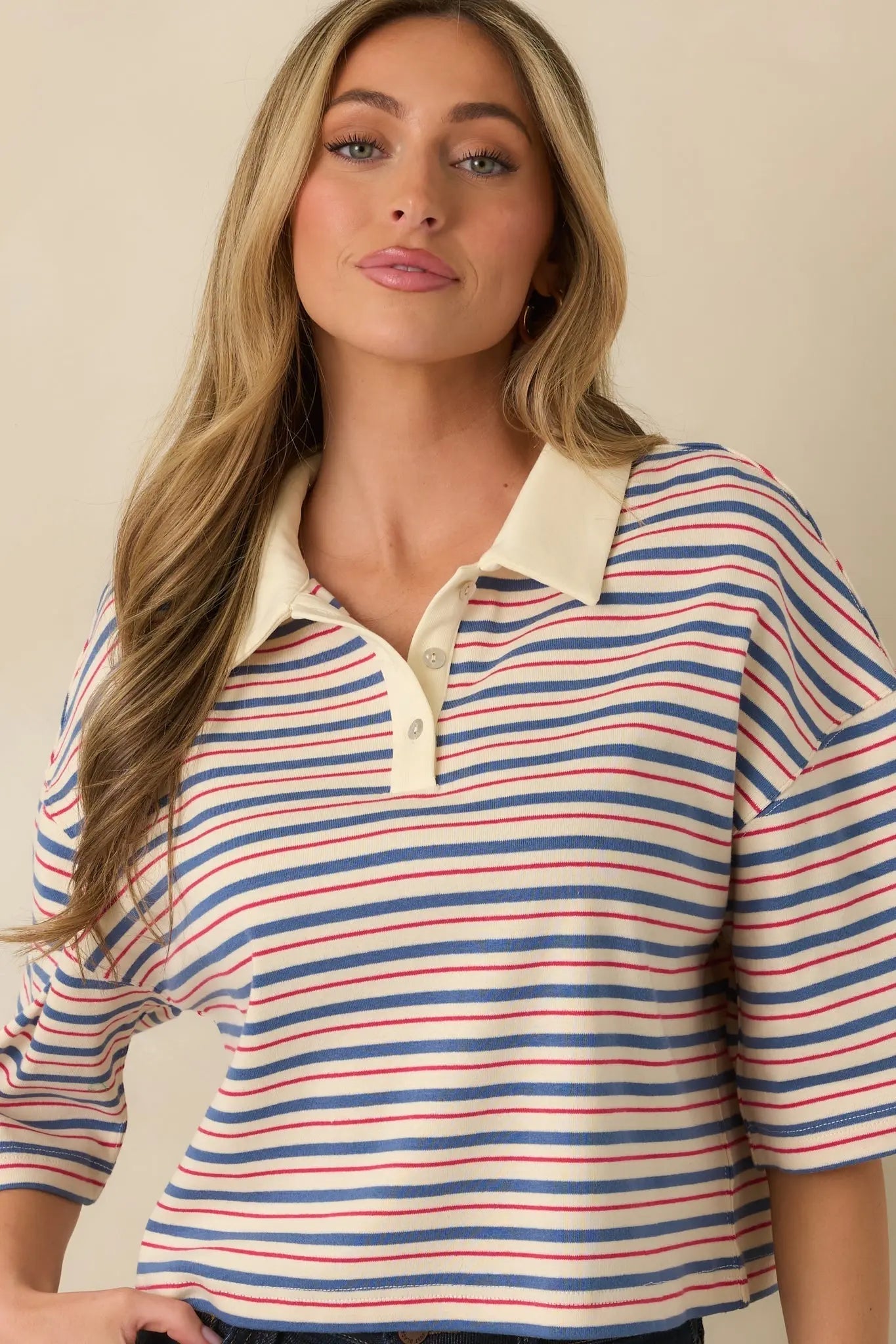 Women's Varsity Charm Blue Multi Stripe Boxy Cotton Polo Top | 95% Cotton & 5% Spandex Contrast: 85% Cotton & 15% 1