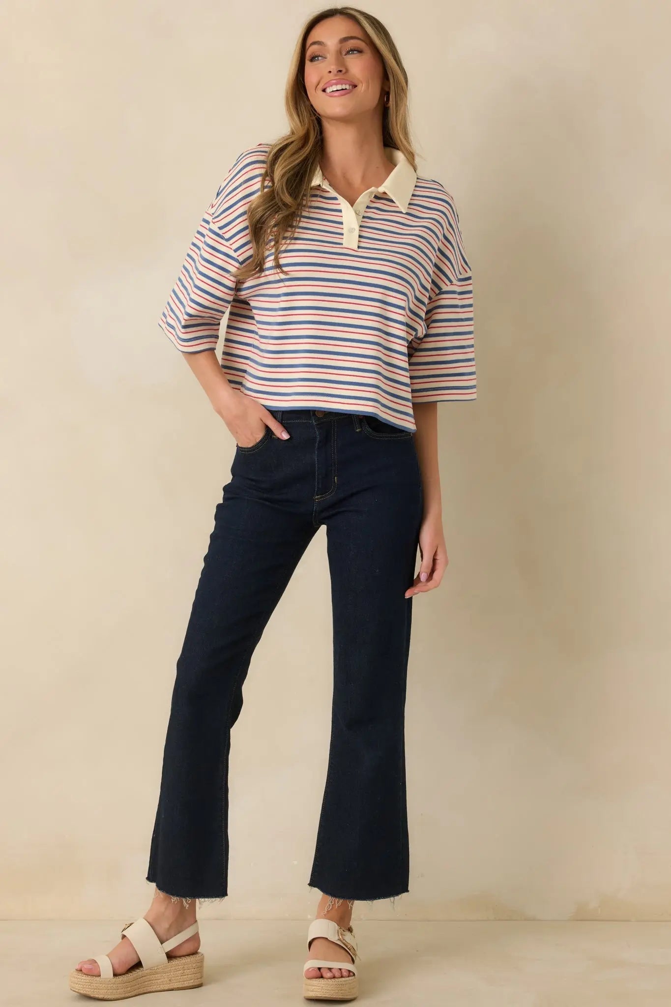 Women's Varsity Charm Blue Multi Stripe Boxy Cotton Polo Top | 95% Cotton & 5% Spandex Contrast: 85% Cotton & 15% 3