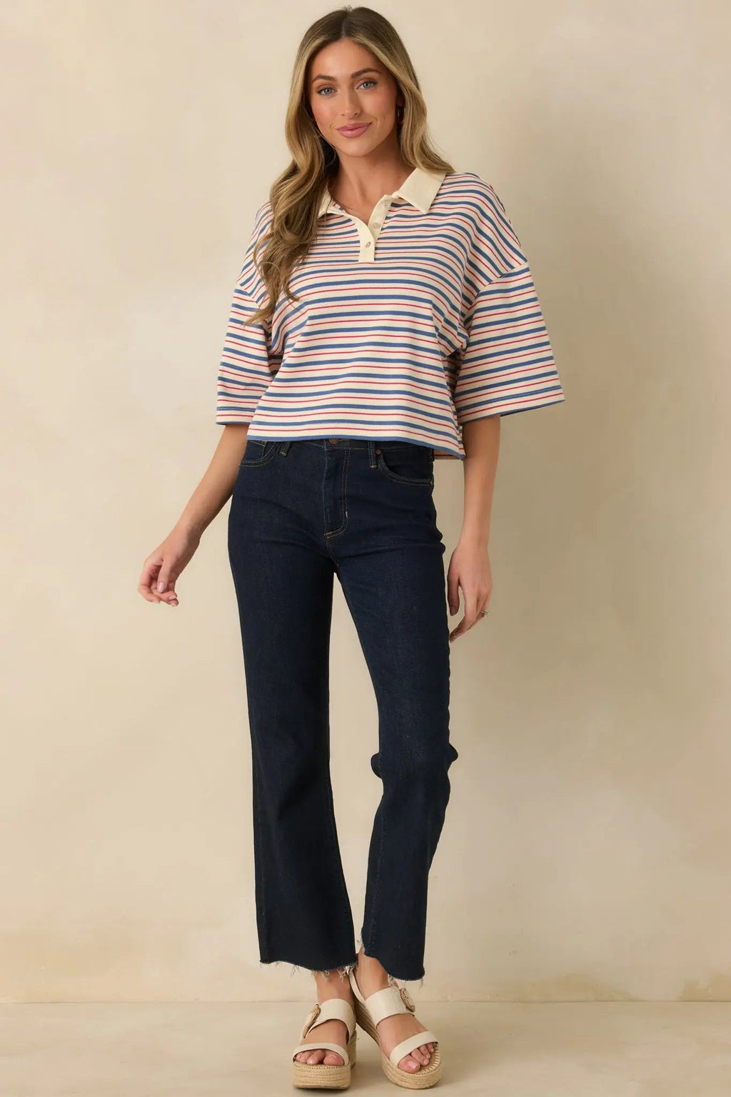 Women's Varsity Charm Blue Multi Stripe Boxy Cotton Polo Top | 95% Cotton & 5% Spandex Contrast: 85% Cotton & 15% 4