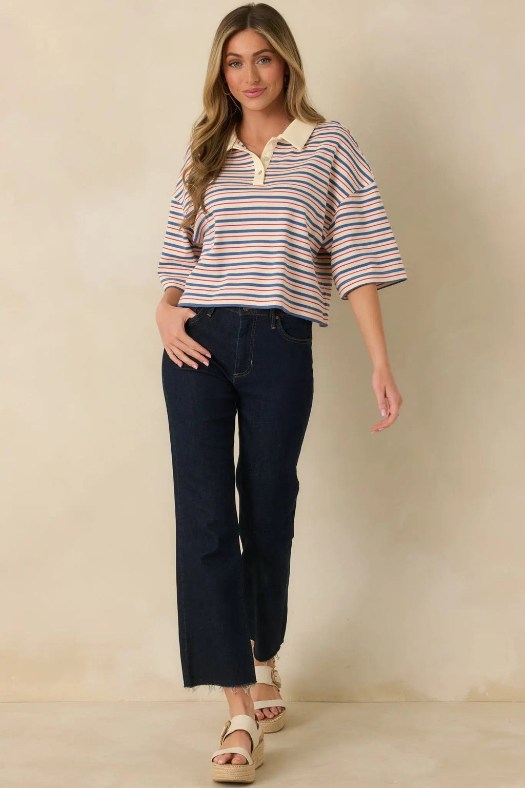 Women's Varsity Charm Blue Multi Stripe Boxy Cotton Polo Top | 95% Cotton & 5% Spandex Contrast: 85% Cotton & 15% 5