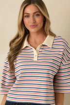 Women's Varsity Charm Blue Multi Stripe Boxy Cotton Polo Top | 95% Cotton & 5% Spandex Contrast: 85% Cotton & 15% 6