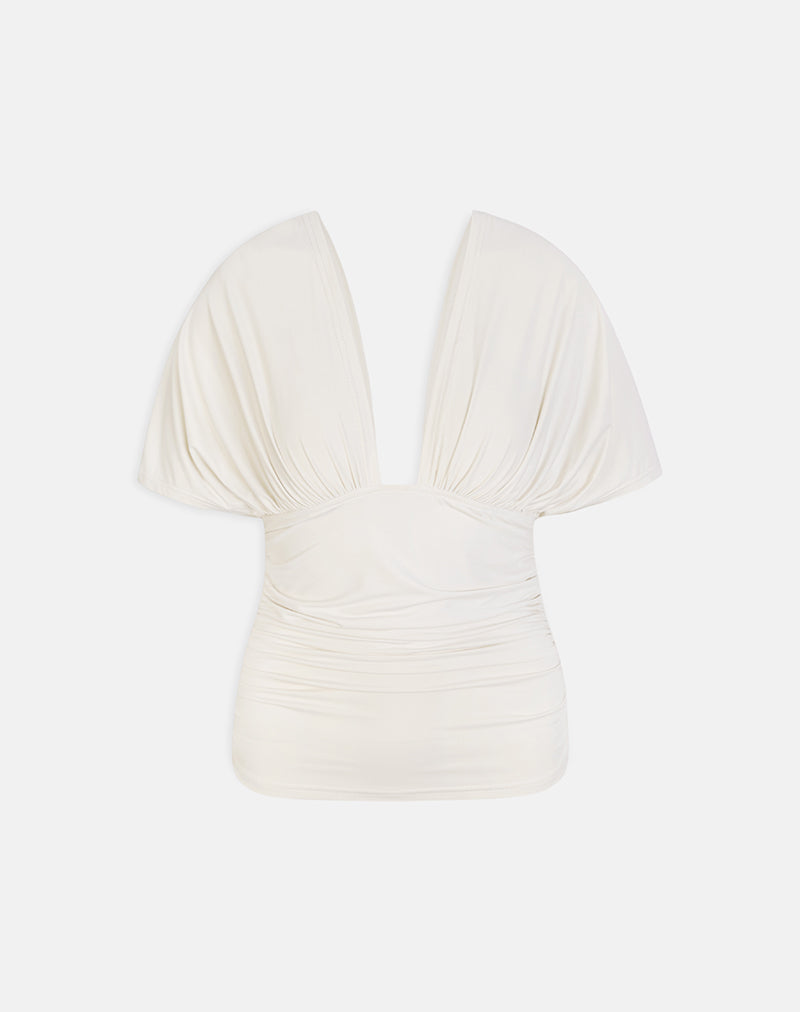 Vernia | Plunge Batwing Top in Cream Cupro with Ruched Design | Elegant Style for Effortless Chic
