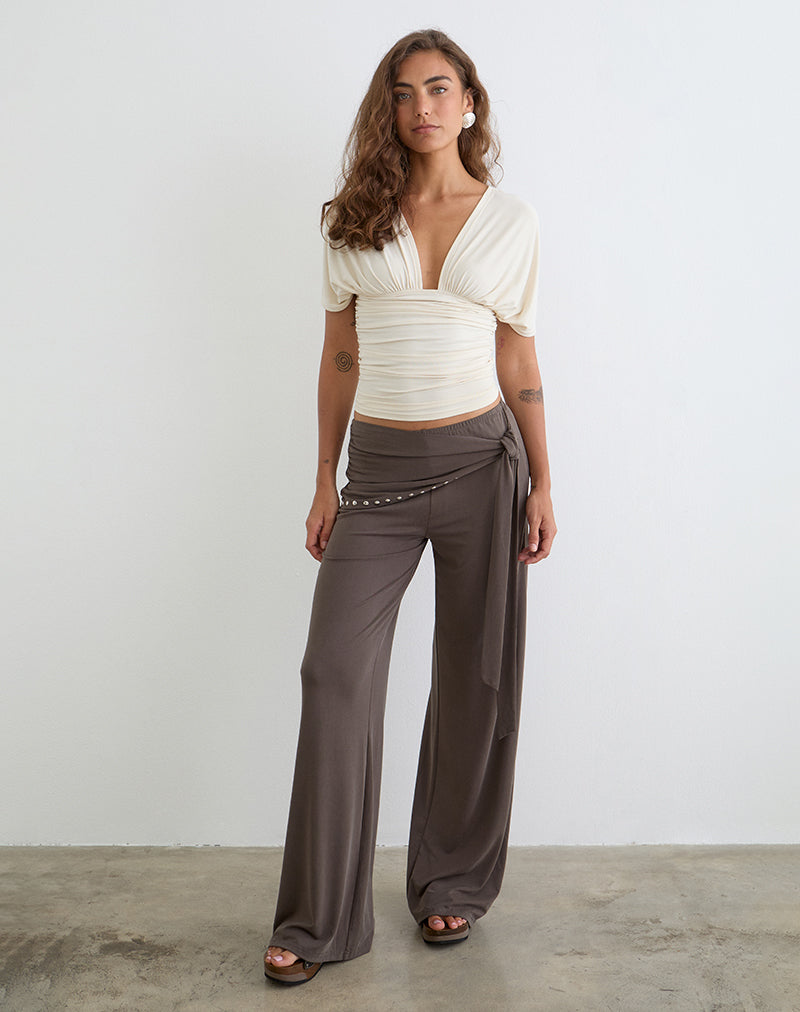 Vernia | Plunge Batwing Top in Cream Cupro with Ruched Design | Elegant Style for Effortless Chic