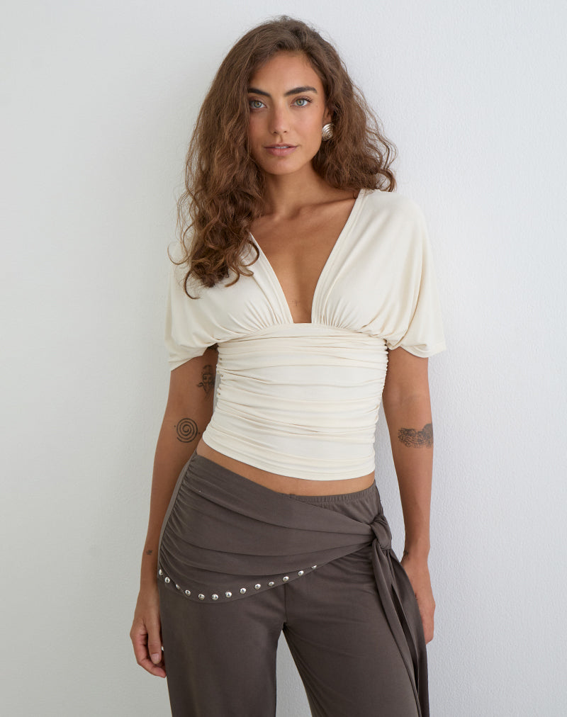 Vernia | Plunge Batwing Top in Cream Cupro with Ruched Design | Elegant Style for Effortless Chic
