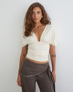 Vernia | Plunge Batwing Top in Cream Cupro with Ruched Design | Elegant Style for Effortless Chic
