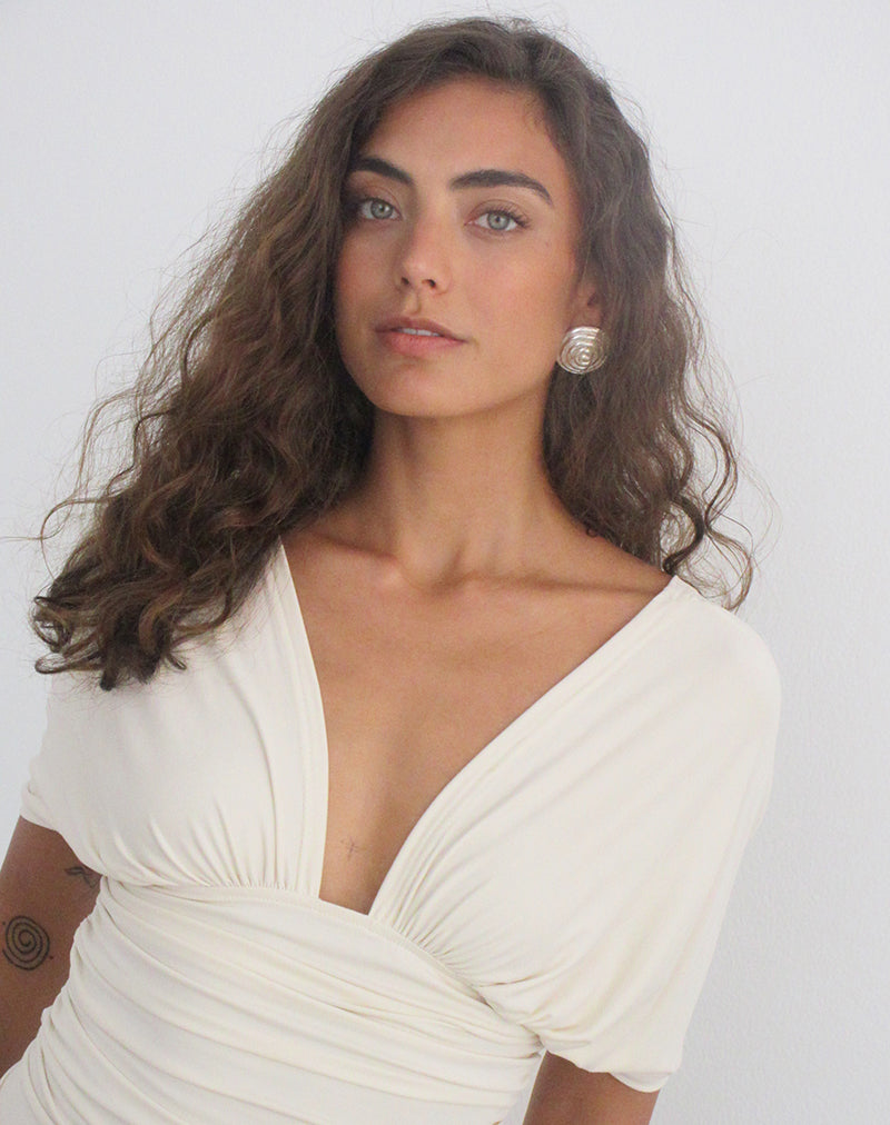 Vernia | Plunge Batwing Top in Cream Cupro with Ruched Design | Elegant Style for Effortless Chic