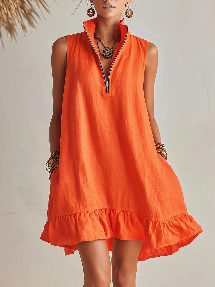 Vibrant Summer Dresses | Women's Mini Dress with Stand Collar & Ruffled Hem for Effortless Style