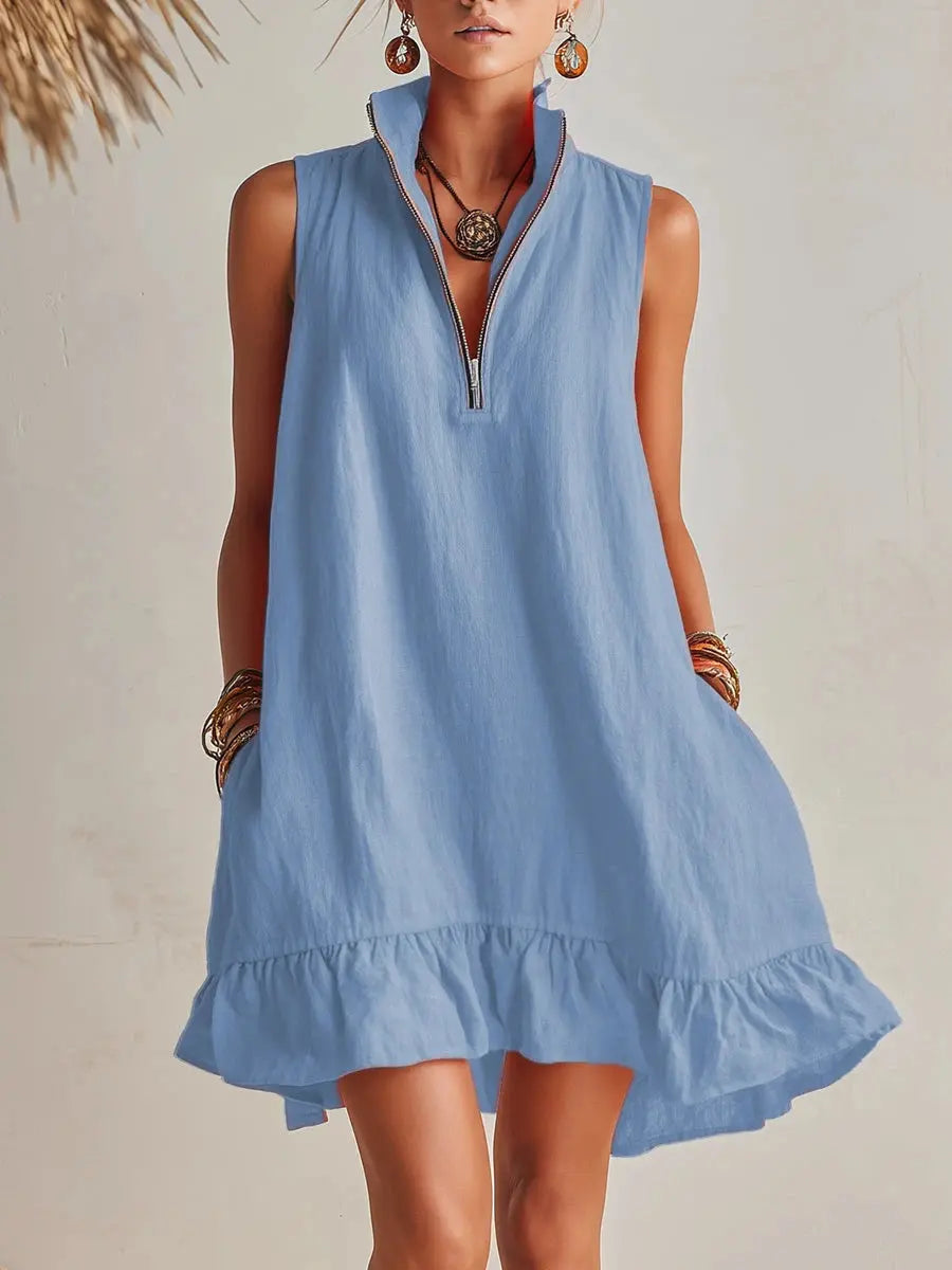Vibrant Summer Dresses | Women's Mini Dress with Stand Collar & Ruffled Hem for Effortless Style