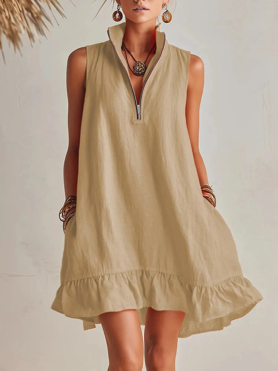 Vibrant Summer Dresses | Women's Mini Dress with Stand Collar & Ruffled Hem for Effortless Style