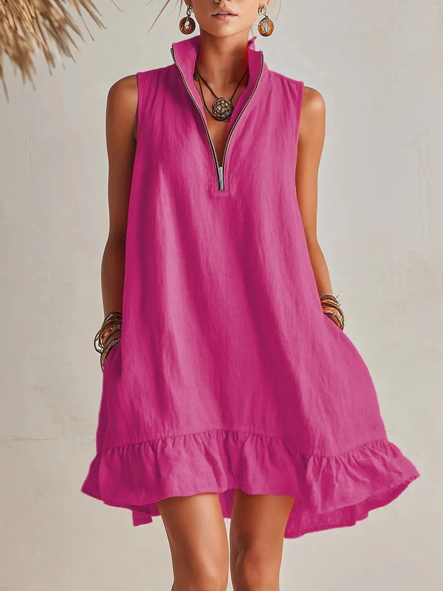 Vibrant Summer Dresses | Women's Mini Dress with Stand Collar & Ruffled Hem for Effortless Style